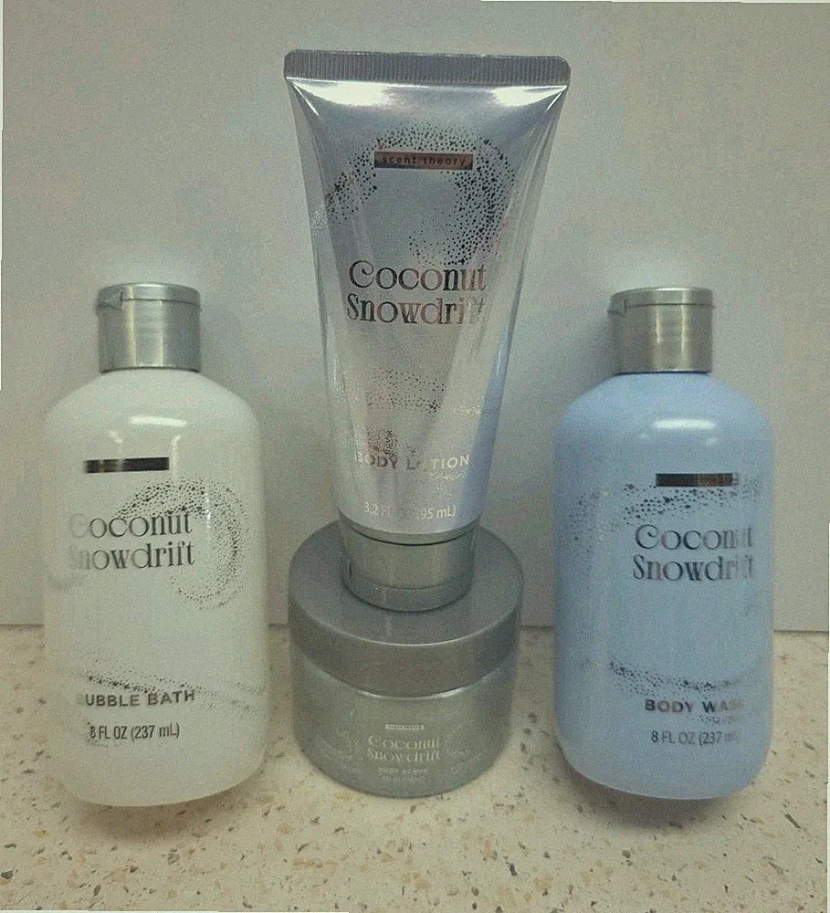 Scent Theory Coconut Snowdrift Bath & Body Gift Set Lot Bubble Bath Lotion Scrub